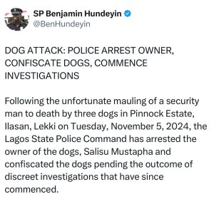 JUST IN: Police Arrest Owner, Seize Dogs Who Mauled Security Guard | Daily Report Nigeria