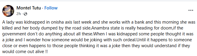 Kidnappers Kill Banker, Dump Body Along Road In Anambra 