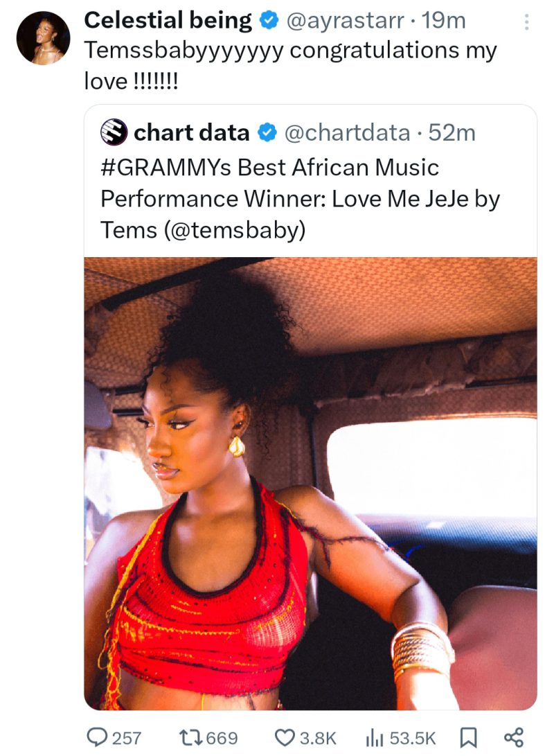 Davido, Ayra Star, Others Congratulate As Tems Wins 2nd Grammy