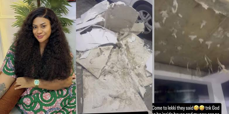 Nkechi Blessing Escapes Injury as POP Ceiling Collapses in Lekki Home